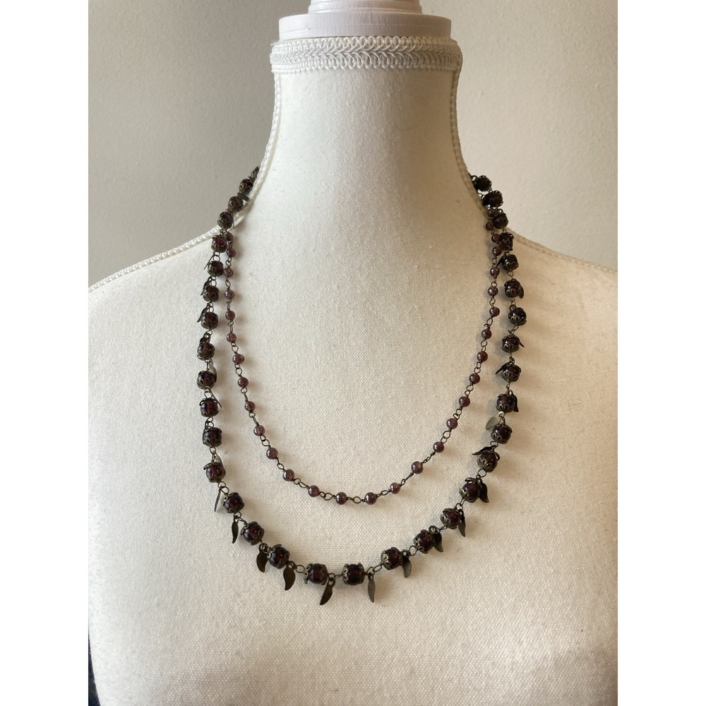 Burgundy Beaded Necklace Antiqued Brass Tone Leaf Charm Boho Layered Whimsical‎